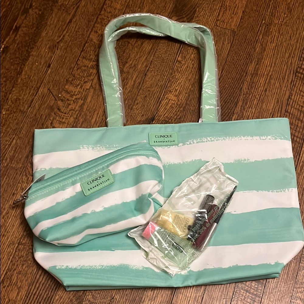 Clinique x Drawbertson Green and White Striped Tote Bag, Travel Bag & Minis
